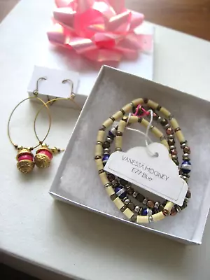 Vanessa Mooney Necklace & Earrings Nepali Cobalt Blue Ivory Sequin Hot Pink NEW • $19.99