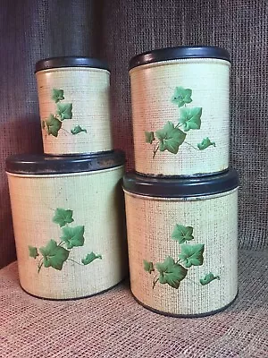 Set Of 4 DECOWARE Canister Tins Ivy W Gold Fabric Woven Design 6-1 Qts Vintage • $20