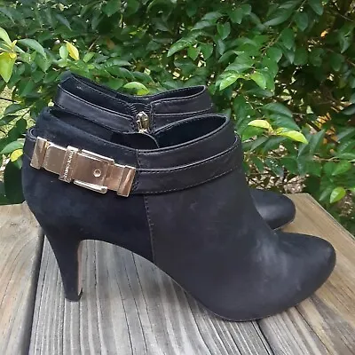 VINCE CAMUTO Buckle BOOTIES High Heel Shoes Black Suede Gold Side Zip SZ 6.5  • $45