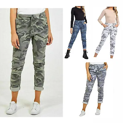 Ladies Women Italian Stretch Camouflage Army Trousers Magic Joggers Uk 8-26 • £11.49