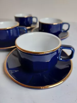 Apilco Martell Cognac Espresso Cups & Saucers Dark Blue With Gold Rim X 4 • £15