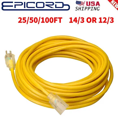 50/100 Foot Lighted Outdoor Extension Cord - 12/3 SJTW Heavy Duty Yellow USA • $19.89