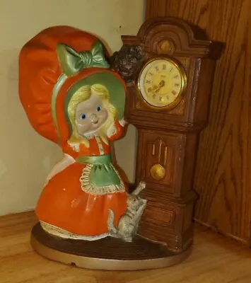 Vintage 1974 Ceramic Girl W/ Bonnet Grandfather Clock  & Cat Byron Molds WORKS! • $55.08