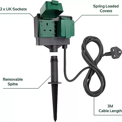 £19.99 • Buy 2 Way Garden 3m Cable Extension Twin Socket With Stand Outdoor Waterproof Lead