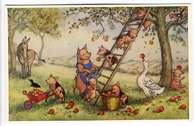 Molly Brett ANTHROPOMORPHIC Pigs Animals Picking Apples Postcard MEDICI Postcard • $4.50