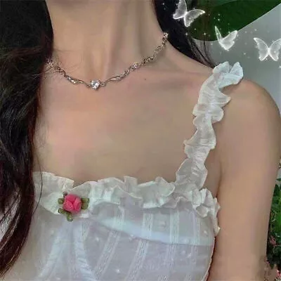 £1.99 • Buy Crystal Heart Linked Silver Choker Necklace Womens Fashion Jewellery Gift UK