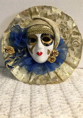 Vintage Masquerade Mask Porcelain Mardi Gras Venetian Theater Decor Blue Gold 6” • $23