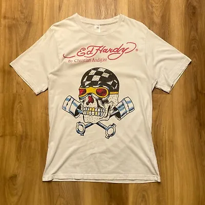 Vintage Ed Hardy Christian Audigier White T Shirt Graphic Y2K Made In USA M • £18.75