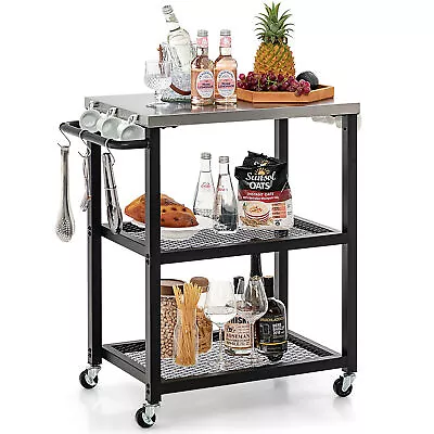 3-tier Outdoor Grill Cart On Wheels W/ Stainless Steel Top & Handle 3 Hooks • $84.49