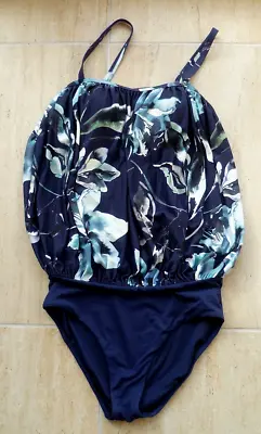 Ladies Next Size 12 Navy Blue Floral Blousey / Maternity One Piece Swimsuit • £7.99
