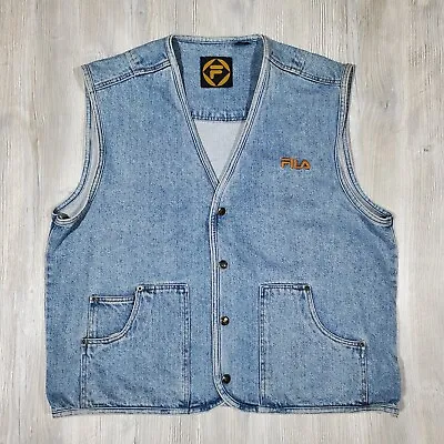 Men's Vtg FILA 90's Blue Worn Dingy Look Denim Vest Jacket Snap Button - XL • $69.99
