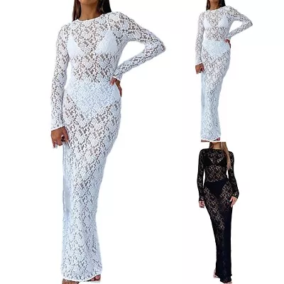 Lady's White Lace See Through Maxi Dress With Long Sleeve For Party Y2K • £26.54