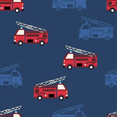 Fire Engines - Cotton Jersey Fabric On Navy Background Kids Stretch Knit Fabric • £6.50