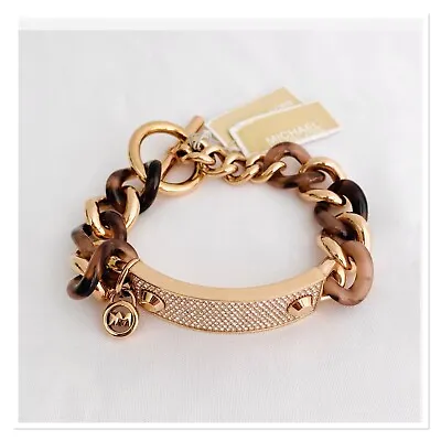 MICHAEL KORS Tortoise/Rose Gold/Blush Pave Plaque Chain Bracelet MKJ4322791 • $98