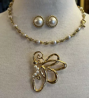 Vintage BC LIND 14 KGE GOLD TONE PEARL Necklace Pearl Earrings Danecraft Brooch • $34.99