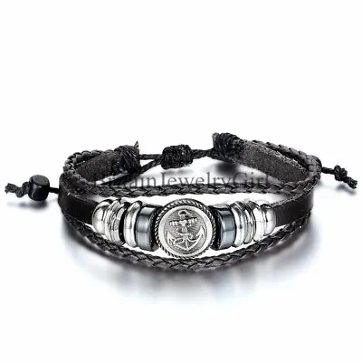 Men Women Multilayer Anchor Charm Leather Bracelet Cuff Wristband Adjustable • $7.99
