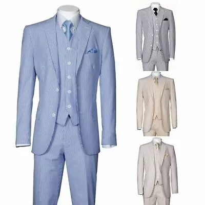 Executive Fit Striped Seersucker Suit 2-Button Single Breasted 3-PC W/Vest&pants • $105