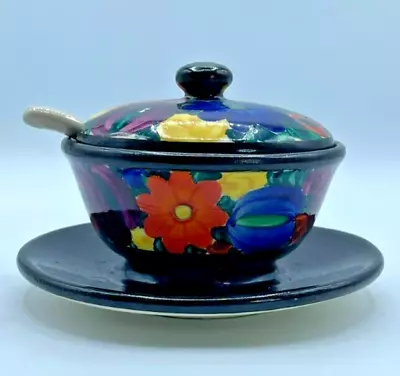 Czech Peasant Art Pottery Mrazek Hand Painted Condiment Dish W/ Lid & Spoon 287 • $49.99