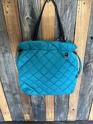 Michael Kors Turquoise Quilted Nylon Patent Leather Trim Drawstring Tote Handbag • $25.99