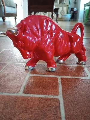 Vtg Red Bull Figurine Statue Ceramic Glazed Red Gold Horns Antique HTF  • $19.50