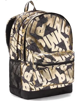 Victoria Secret PINK CAMPUS Backpack BLING GOLD LOGO BLACK • $54.99