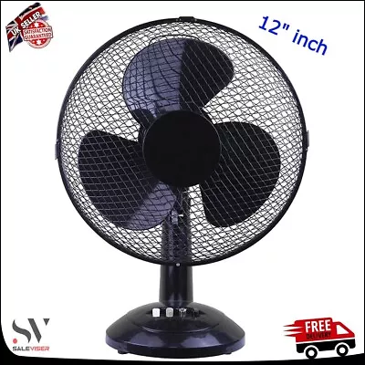 New! 12  3 Speed Oscillating Free-standing Cooling Desk Table Fan Black Colour • £19.89