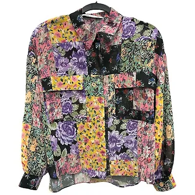 Zara Floral Patchwork Shirt Size SMALL 3/4 Sleeve Tie Back Purple Yellow Green • $16.99