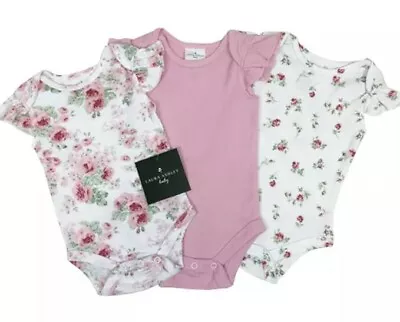  Laura Ashley Baby Girls  3 Pack Pink Rose Bodysuits Vest Cotton Sizes 0 -9mth • £7.99