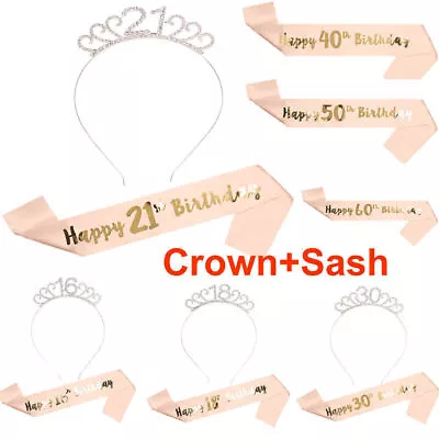 Birthday Sash Rhinestones Crown Tiara Headband Set 40/50/60th Party Accessories • £4.79