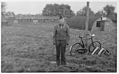 U S MILITARY SOLDIER & BICYCLE AROUND FARM BUILDINGS~1930s REAL PHOTO POSTCARD • $12