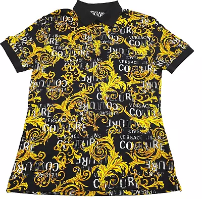 $375 Versace Jeans Couture Piquet Baroque Logo Print Polo Shirt Mens Size Small • $149.96