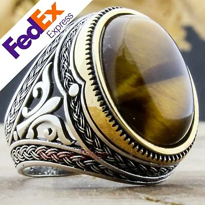 Natural Tiger's Eye Stone 925 Sterling Silver Turkish Handmade Men Ring All Size • $52.49