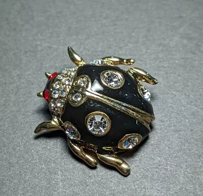 Vintage Unsigned Gold Tone Beetle  Rhinestone LadyBug  Crystals Black Pin Brooch • $25