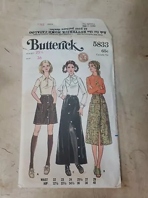 Butterick Vintage 70’s Sewing Pattern #5833 Misses Skirt Waist 25.5 Hip 36. Cut • $10.25