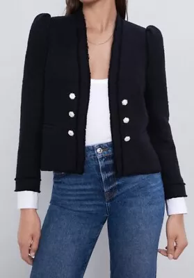 ZARA NEW BLACK PUFF SHOULDER GEM CRYSTAL BUTTON TWEED POPLIN BLAZER JACKET Small • £91.69