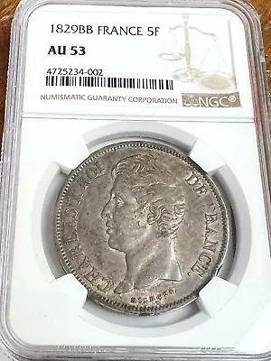 1829 BB France 5 Francs Silver King Charles X KM#728.3 NGC AU-53 • $249.95