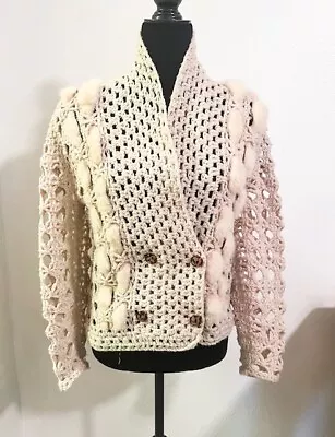 Vintage Hand Crocheted Womens Sweater Off White With Rabbit Fur Trim Ize Small/ • $45