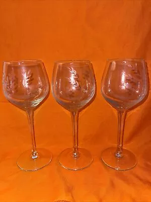 Set Of 3 Vintage Etched Wine Glasses Flower Floral Crystal Stemware • $25