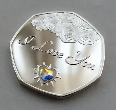 I Love You  Silver Plated Commemorative Coin + Crystal - Gift / Valentines Rose • £8.99