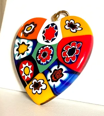 Vintage Venetian Murano Millefiori Multicolor Glass Pendant Heart 1.5  • $26