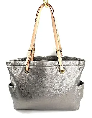 Michael Kors Silver Metallic Leather Large Tote Bag Side Pockets Brass B0908 • $68.19