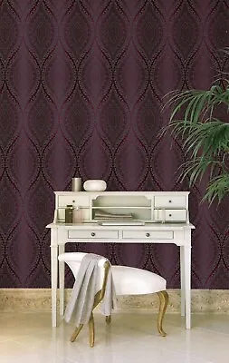 Grandeco Wallpaper - Luxury Kismet Damask / Glittered - Metallic Plum - A17705 • £17.99