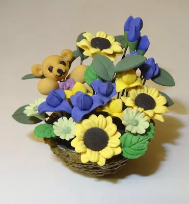 Dollhouse Teddy Bear Flower Arrangement In Gift Basket Handcraft Miniature Num 1 • $19.95