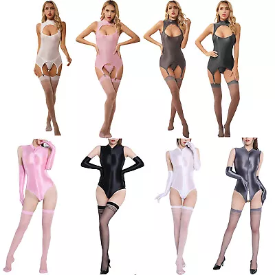 Women's Bodysuit Glossy Stretchy Sleeveless Body-stocking Thigh High Stockings • $6.15