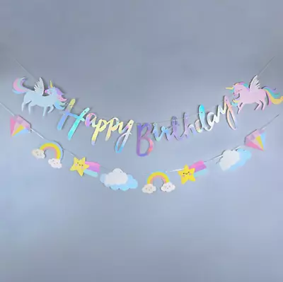 Glittering Unicorn Rainbow Birthday Party Bunting Flag Hanging Banner Decoration • £4.28