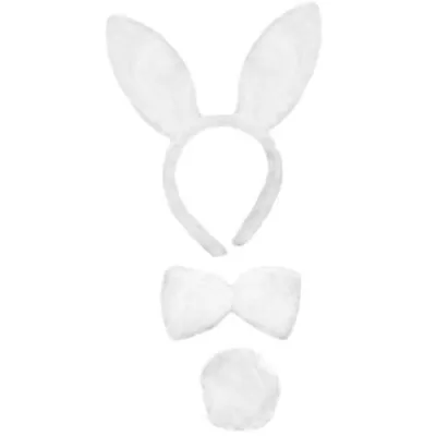 Fluffy White Easter Bunny Rabbit Headband Ears Tail Bow Tie Fancy Dress Set • £2.90