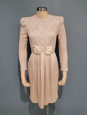 Vintage LESLIE FAY Petites Beige Lace Long Sleeve Sheath Dress 6P • $22.99