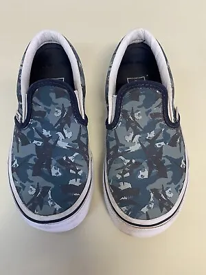 VANS CLASSIC SLIP ON SHOES SHARK ANIMAL CAMO BLUE Kids Size 12 • £11.08