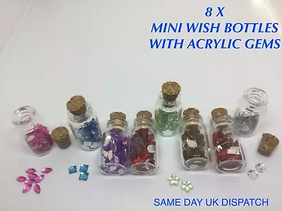 8 X Mini Glass Wish Bottles & Acrylic Gems Cork Stopper Vials Wishing Bottles  • £3.49