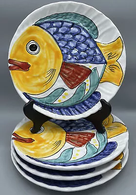 Desuir Vietri Italy Art Pottery Fish Hand Painted 9.25” Plate Set X4 Colorful • $44.95